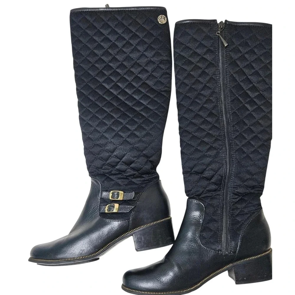 Opposite Black Quilted Leather Knee High Riding Boots Size 37 Buckle Detail Zip